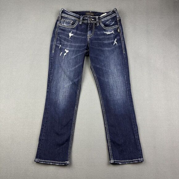 Silver Jeans Womens 26 Blue Dark Wash Suki Capri Straight Leg Distressed Denim - Picture 5 of 14